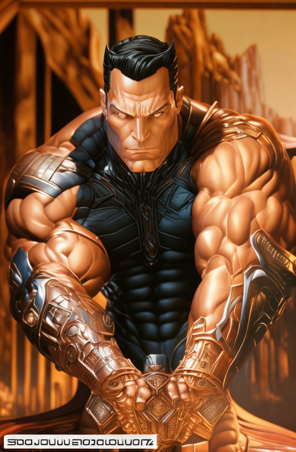 Muscular animated character in black tactical suit with gauntlet