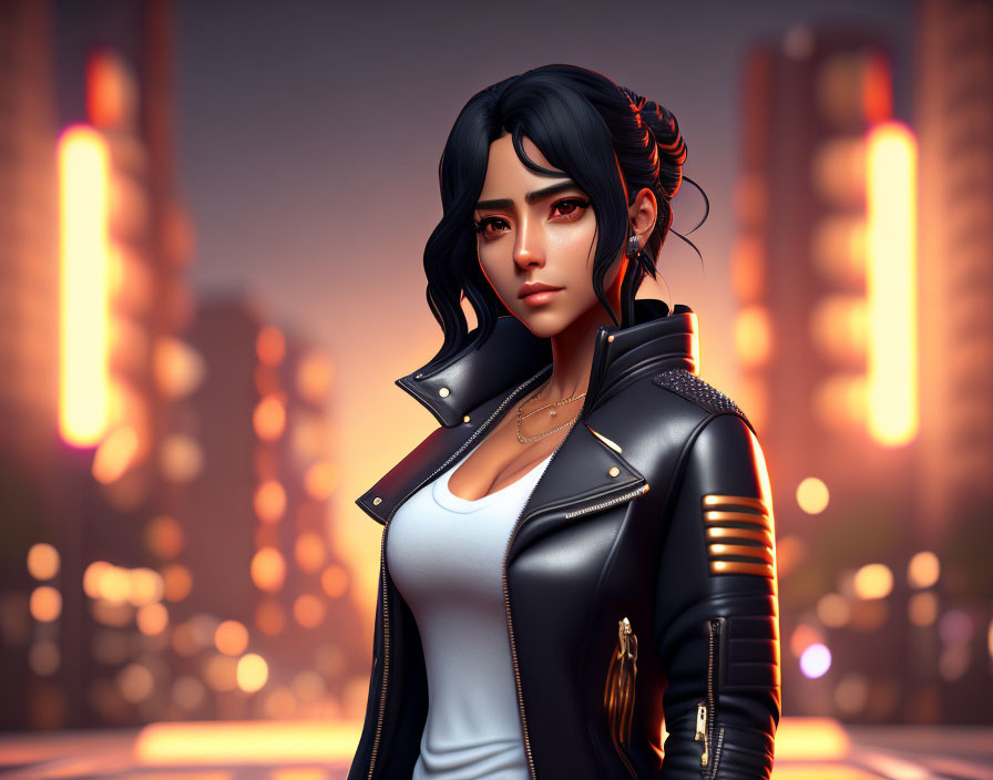 Dark-haired female character in braided hairstyle, black leather jacket, white top, with blurred cityscape