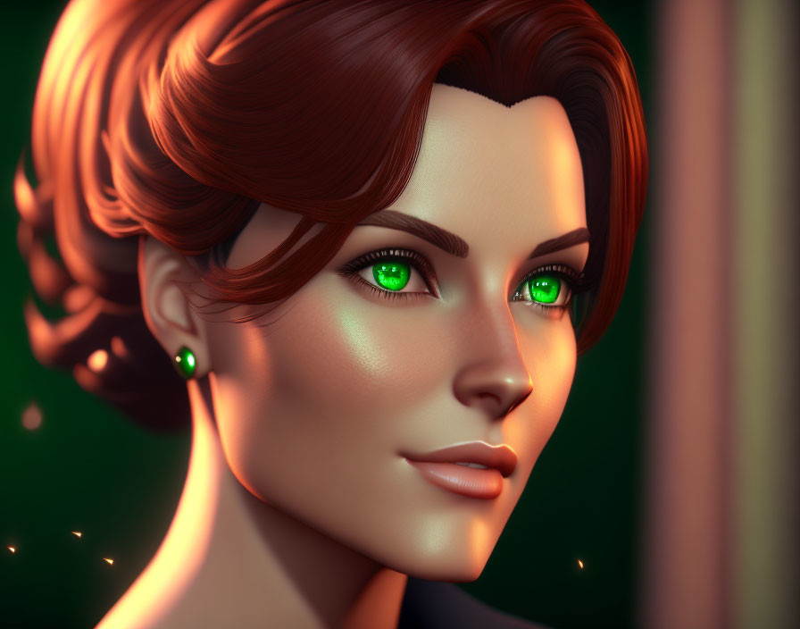 Digital art portrait of woman with green eyes, red wavy hair, green earrings, warm backlight,