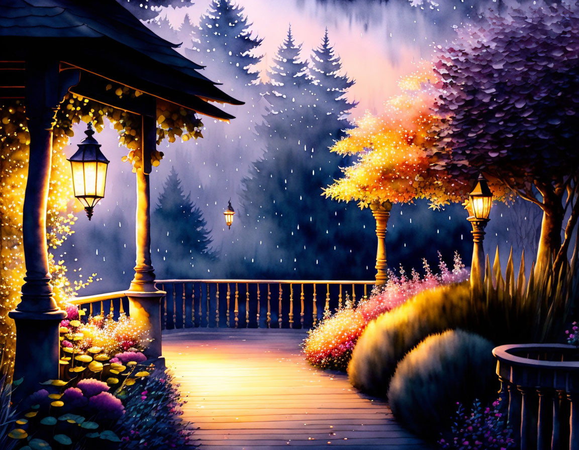 Snowy Twilight Nighttime Wooden Patio Decorated with Lamps and Flowers