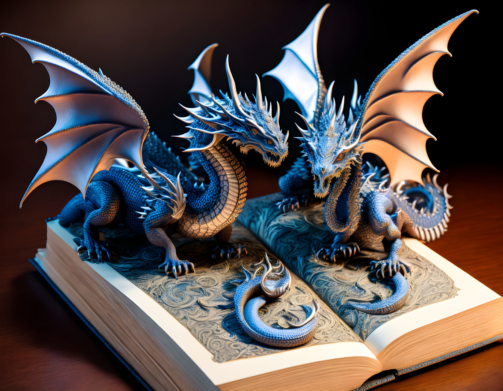 Intricate Dragon Figurines on Open Book with Ornate Cover Design