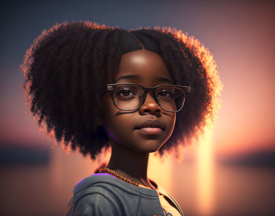 Digital Artwork: Young Girl with Curly Hair, Glasses, and Headband in Sunset Scene