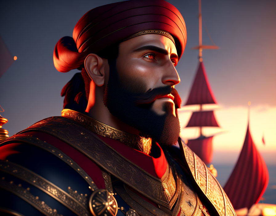 Regal figure in turban and armor with ships in sunset sky