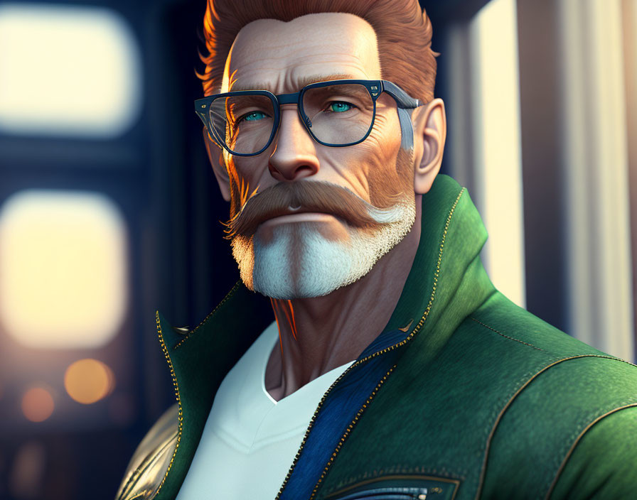 Stylized 3D illustration of a man with a mustache and glasses in a green jacket