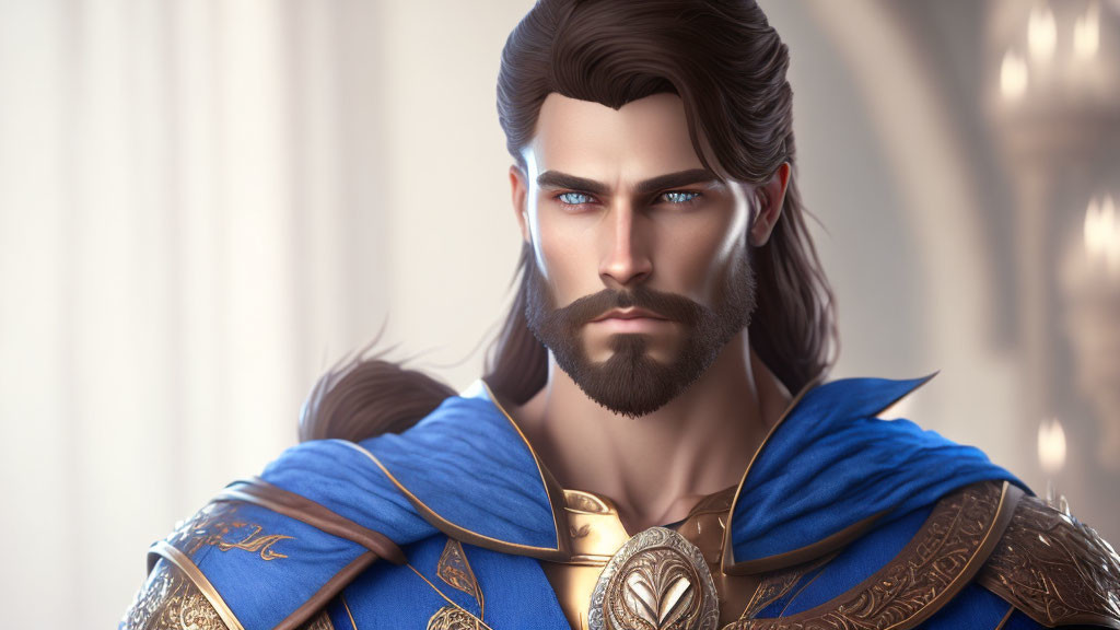 Digital artwork: Man with beard and mustache in medieval-inspired blue and gold armor outfit