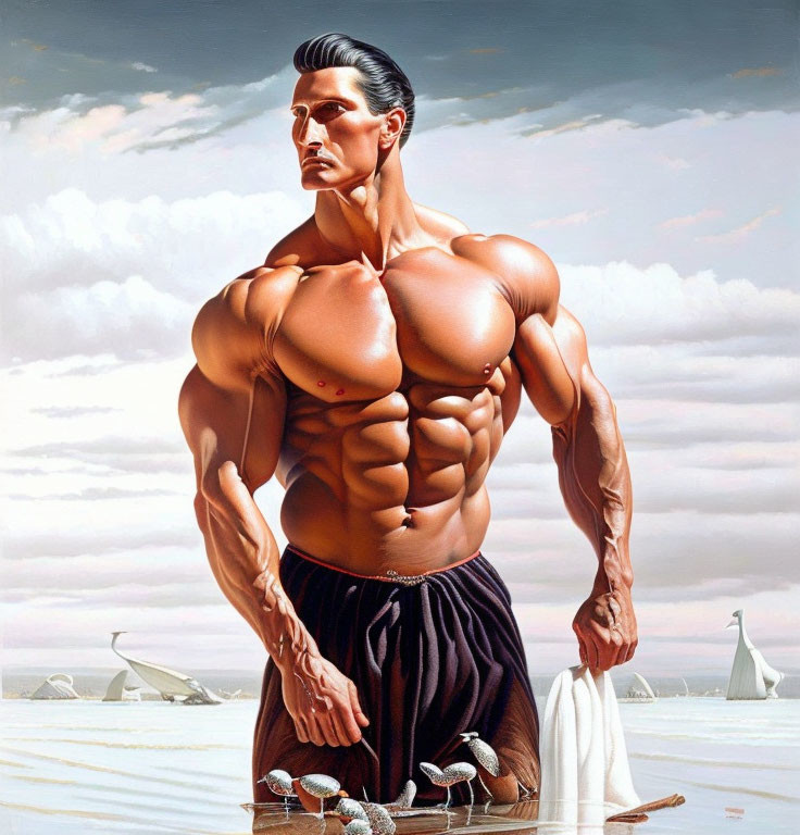 Hyperrealistic Painting of Muscular Man Posing with Dramatic Lighting and Surreal Background