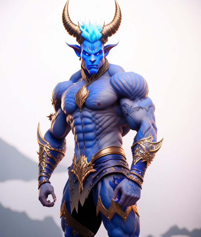 Blue-skinned character in gold armor with horns against mountainous backdrop