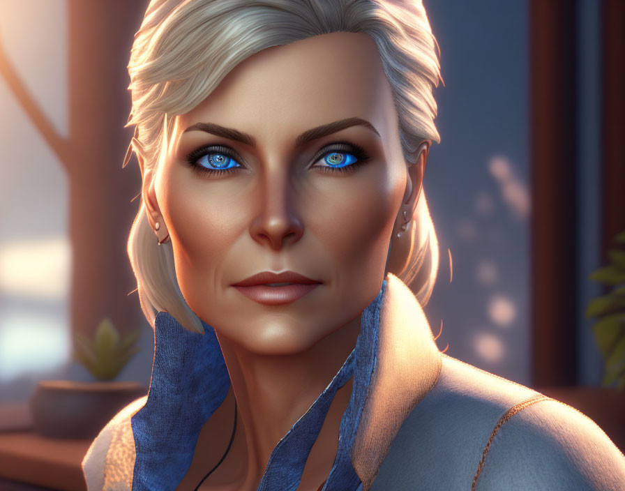 3D animated female character with blue eyes and blonde hair