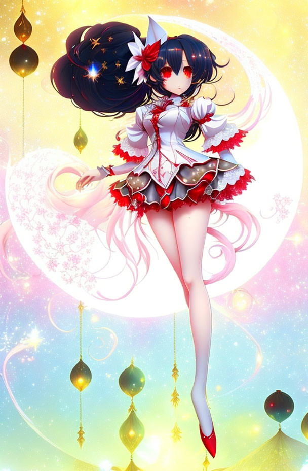 Blue-haired anime girl in red and white dress on crescent moon backdrop with colorful glow.