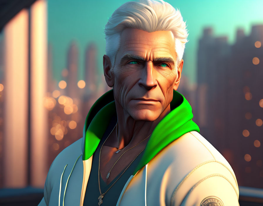 Elderly man in white jacket and green hoodie in urban sunset setting