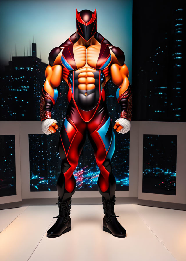 Muscular superhero in red and blue suit against city night skyline.