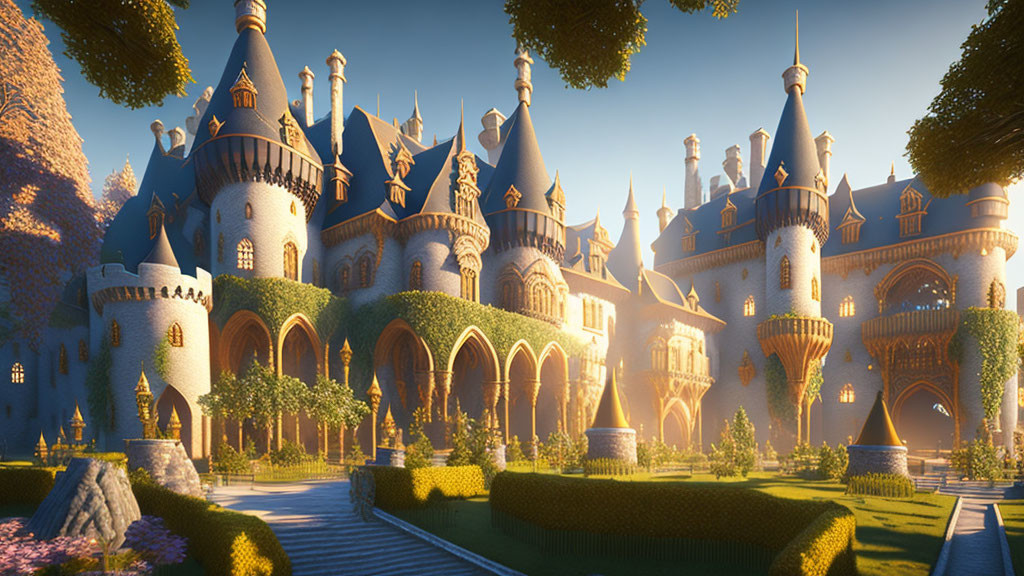 Enchanting fairytale castle with lush gardens and towers