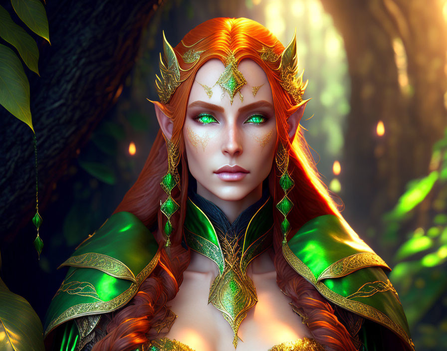 Fantasy elf with green and gold armor in enchanted forest