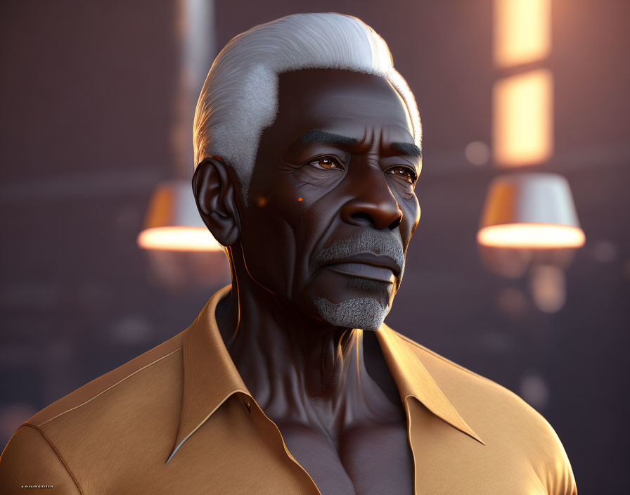 Elderly man with white hair and beard in yellow shirt - 3D render