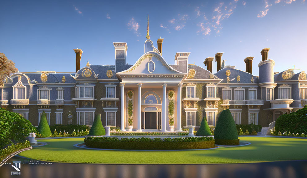 Symmetrical Design of Opulent Classical Mansion and Manicured Gardens