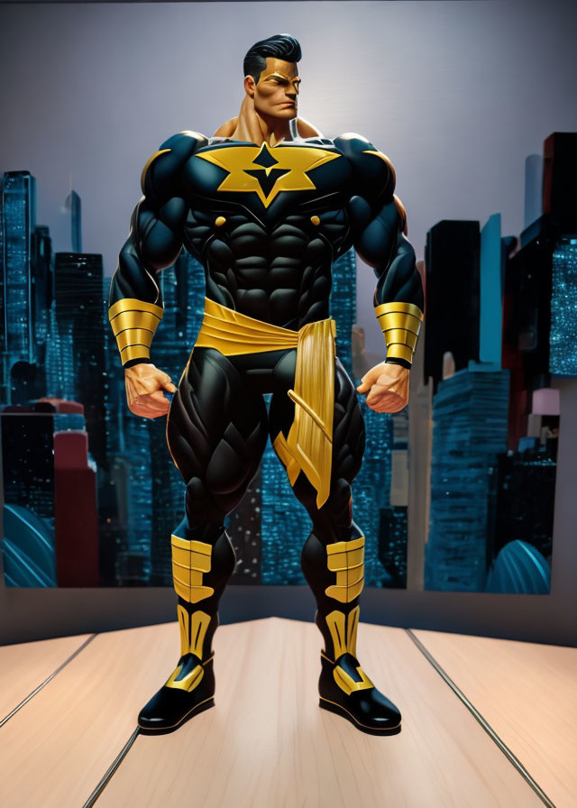 Muscular superhero figurine in black and yellow costume against cityscape.