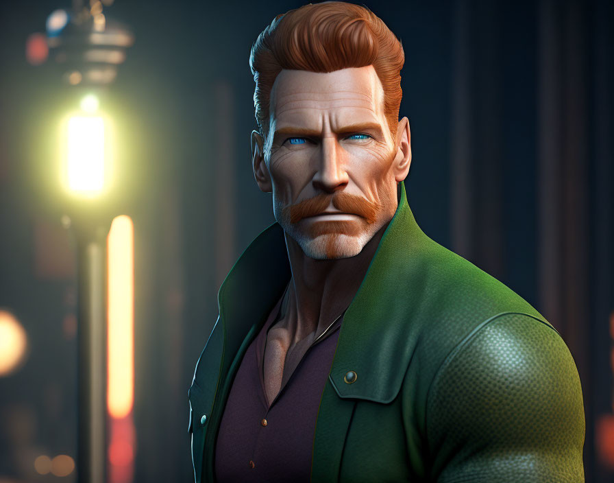 Stylized male character with red hair and beard in green jacket against city night background