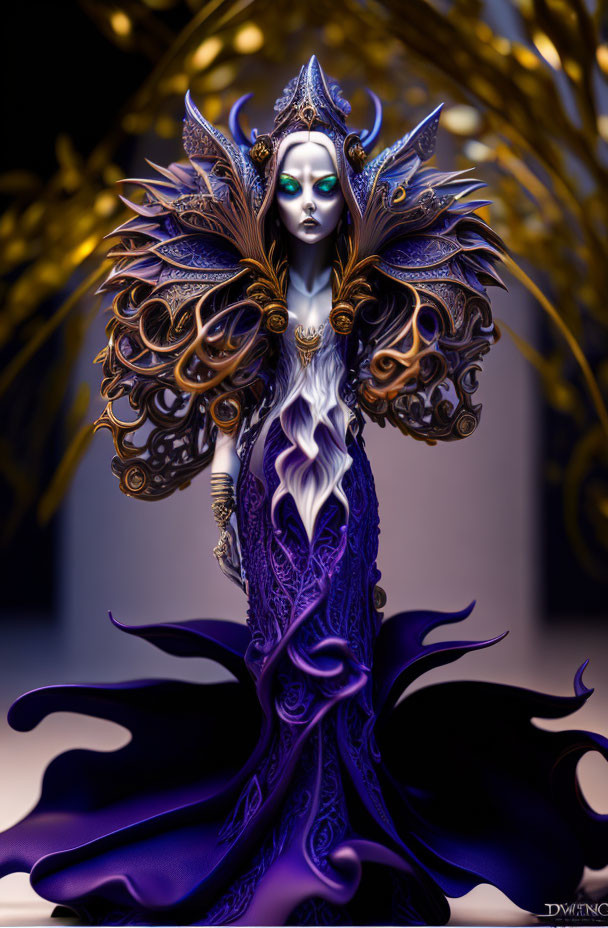 Ethereal figure in purple and gold gown with wing-like shoulders