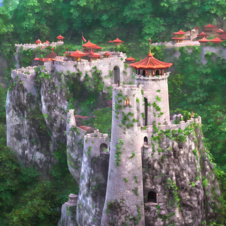 Cliffside Castle with Red Roofs in Lush Greenery