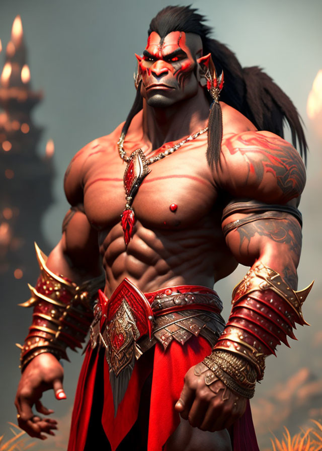 Red-skinned fantasy character in golden armor and tribal tattoos with horns, standing confidently.