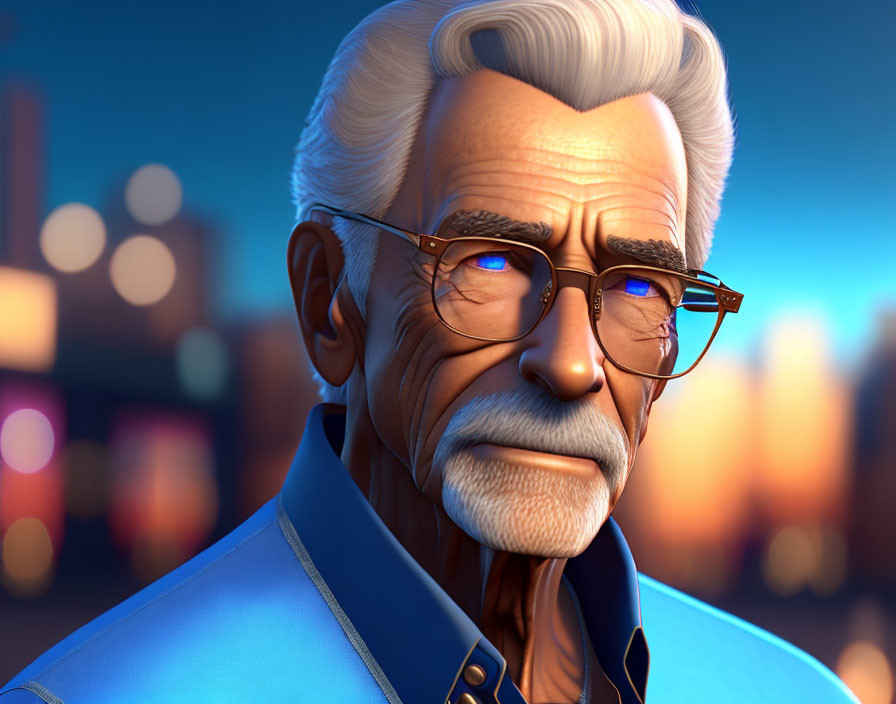 Elderly man 3D illustration with white hair, beard, glasses, blue shirt, blurred