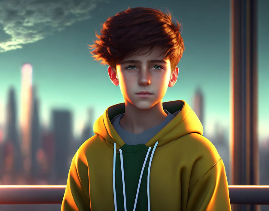 Young boy in yellow hoodie against cityscape at sunrise/sunset