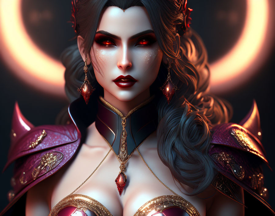 Digital artwork: Female character with red eyes, wavy hair, ornate red and gold armor.