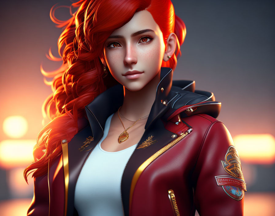 Digital artwork: Female character with red hair, green eyes, crimson jacket.