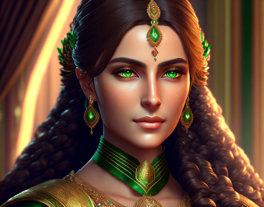 Woman with Green Eyes and Elaborate Golden Jewelry in Digital Art