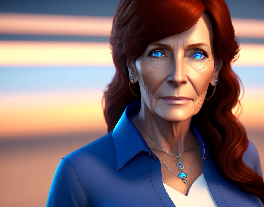 3D-rendered image of woman with red hair and blue eyes in blue shirt, earrings, sunset