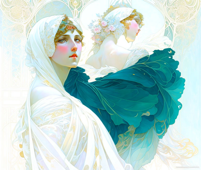 Ethereal artwork of two women in white dress and teal shawl on ornate background