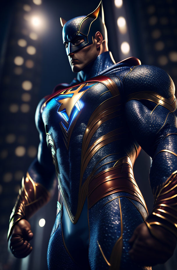 Muscular superhero in blue and gold suit with glowing eyes on dramatic backdrop