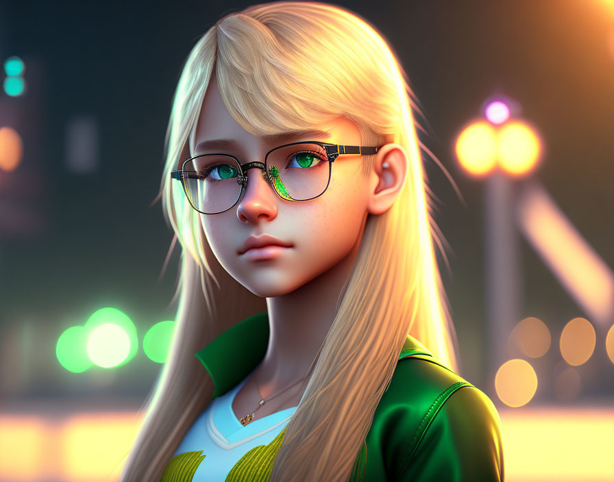 Blonde Girl with Glasses in Green Top on City Lights Background