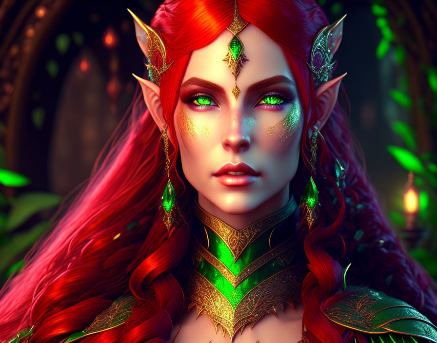 Fantasy elf portrait with red hair and green eyes