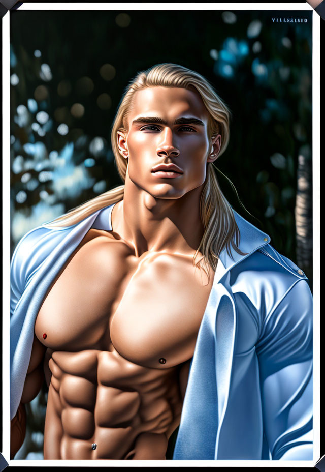 Muscular blond man with long hair in blue jacket against tree background