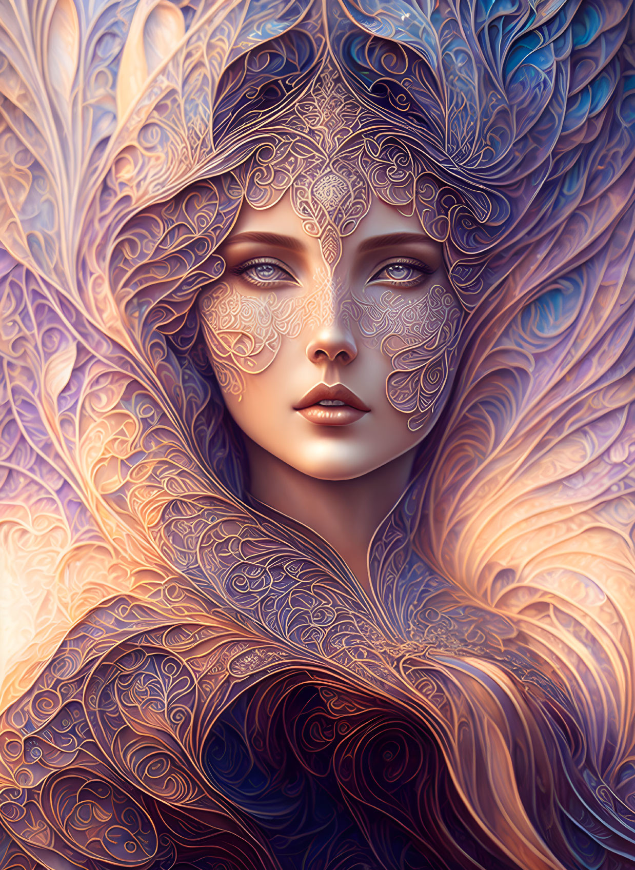 Detailed woman illustration with feather-like patterns in warm gold, bronze, and blue hues