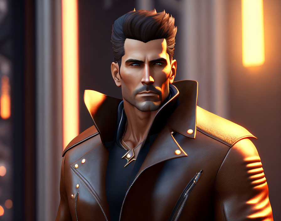 Man with dark hair and beard in leather jacket against orange-lit background