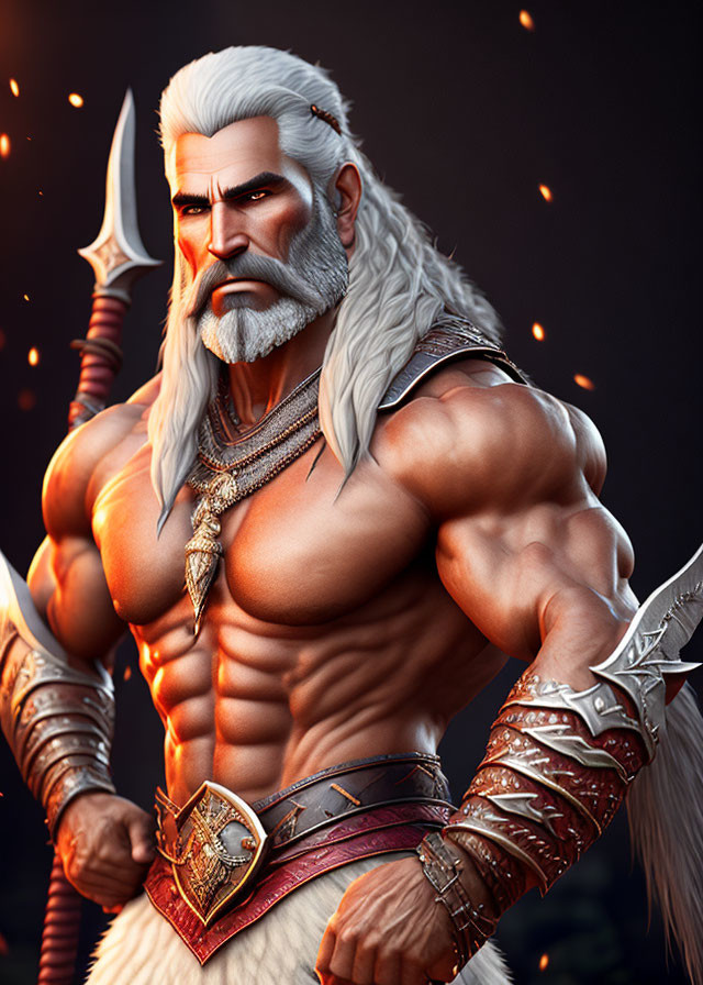 Muscular animated character with white hair and beard holding a knife, wearing arm guards and lion emblem belt