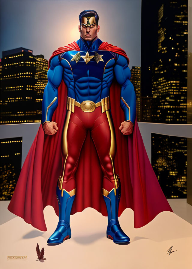 Muscular superhero in blue and red costume with gold accents and cape against city skyline at dusk