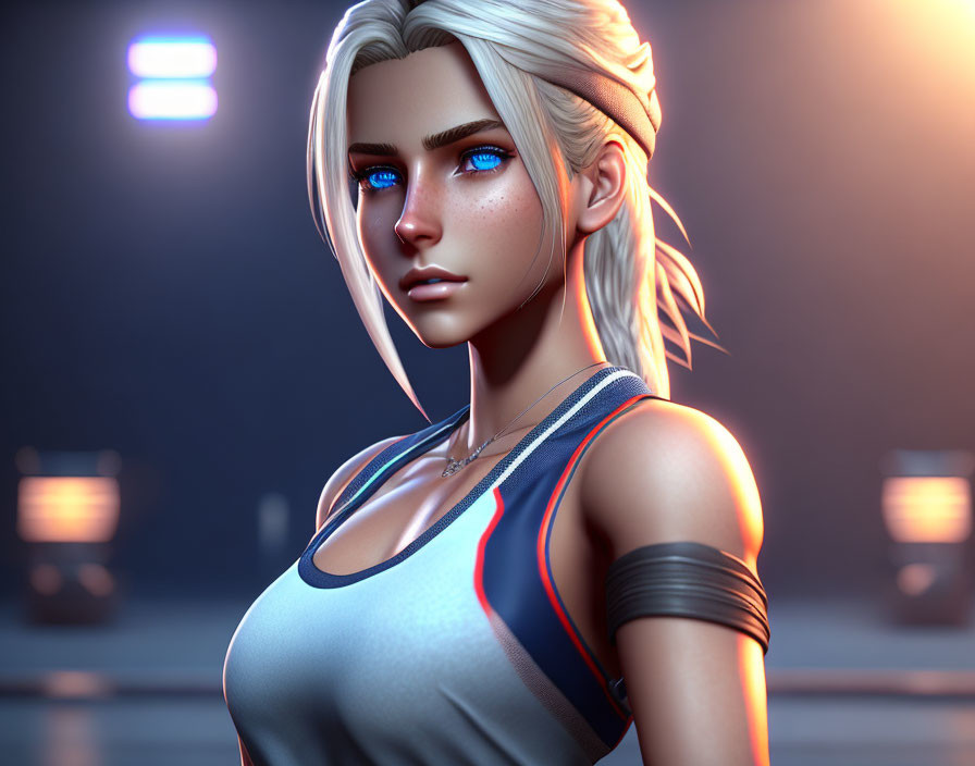 Blonde Woman in Sporty Outfit with Futuristic Background