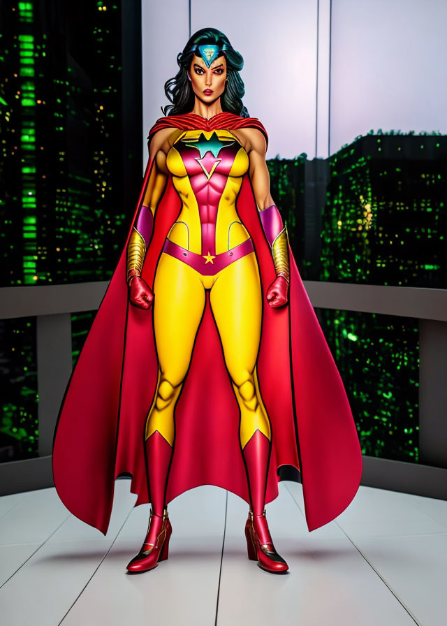 Confident female superhero with red cape and star-themed costume in cityscape at night