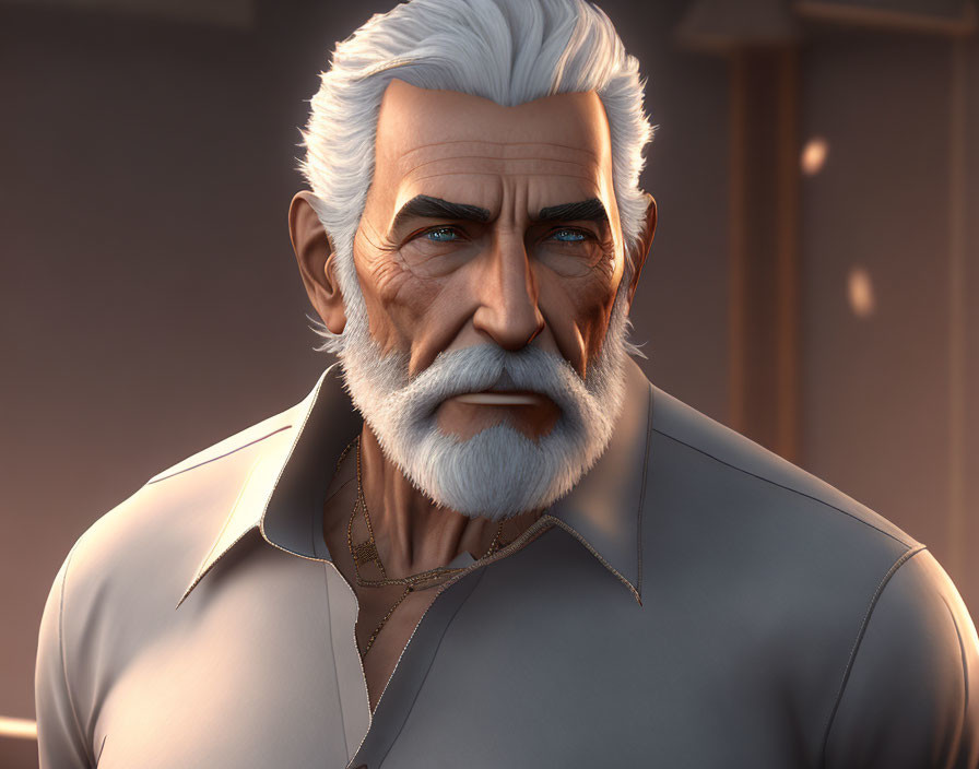 Elderly man with white hair and blue eyes in 3D render