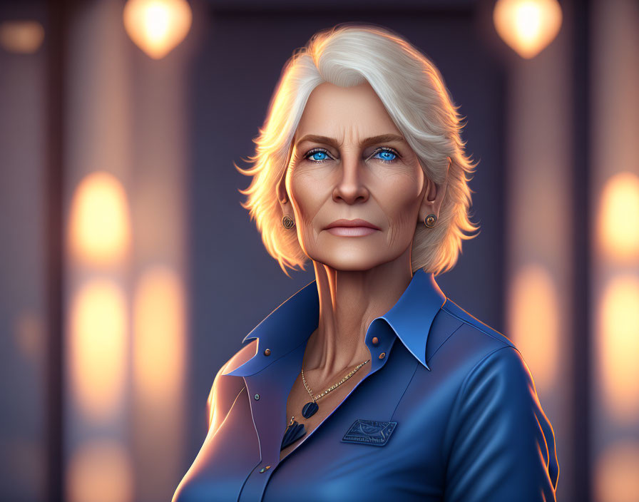 Stylized 3D portrait of mature woman with blue eyes and blonde hair