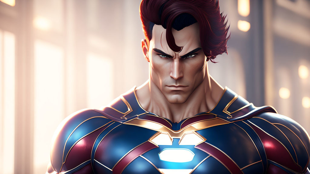 Male superhero in blue and red suit with glowing emblem on chest.