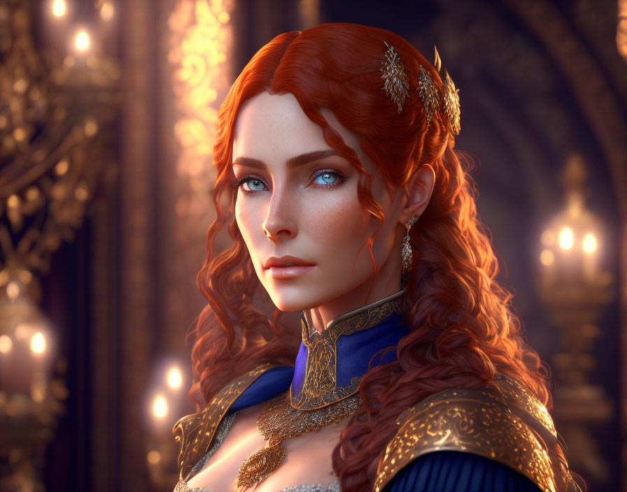 Regal woman with red hair and golden accessories in ornate setting