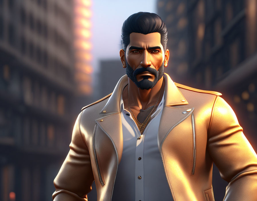 Stylized 3D illustration of a man with beard and mustache in urban sunset scene