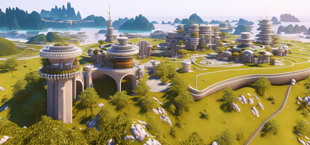 Futuristic cityscape with greenery, pagoda-like structures on rocky islands.