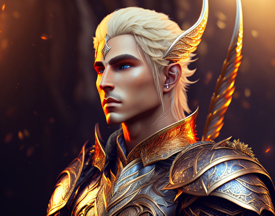 Fantasy 3D illustration: Elven warrior in golden armor with blue eyes, blond hair,