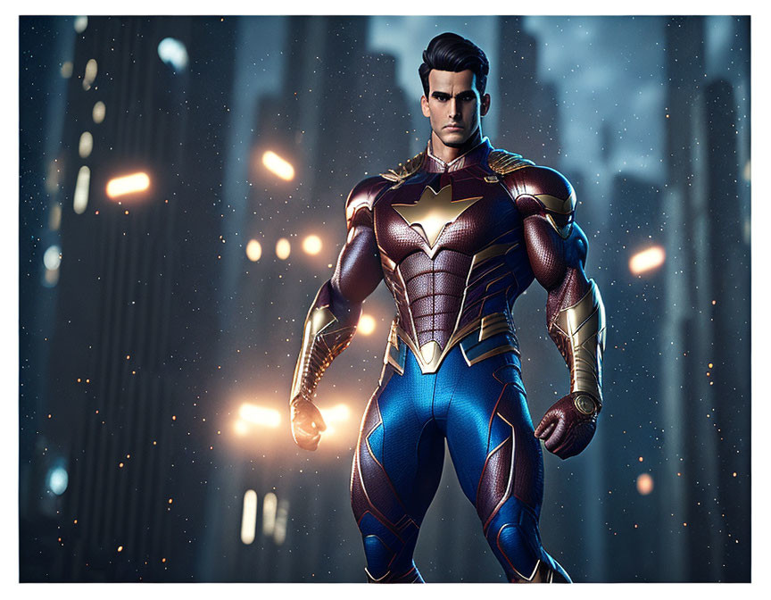 Muscular superhero in blue and red suit with glowing particles