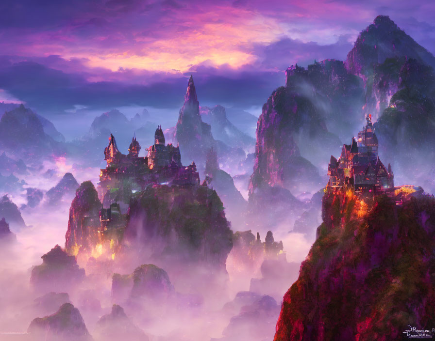 Mystical landscape with illuminated castles on towering rocks in purple sky